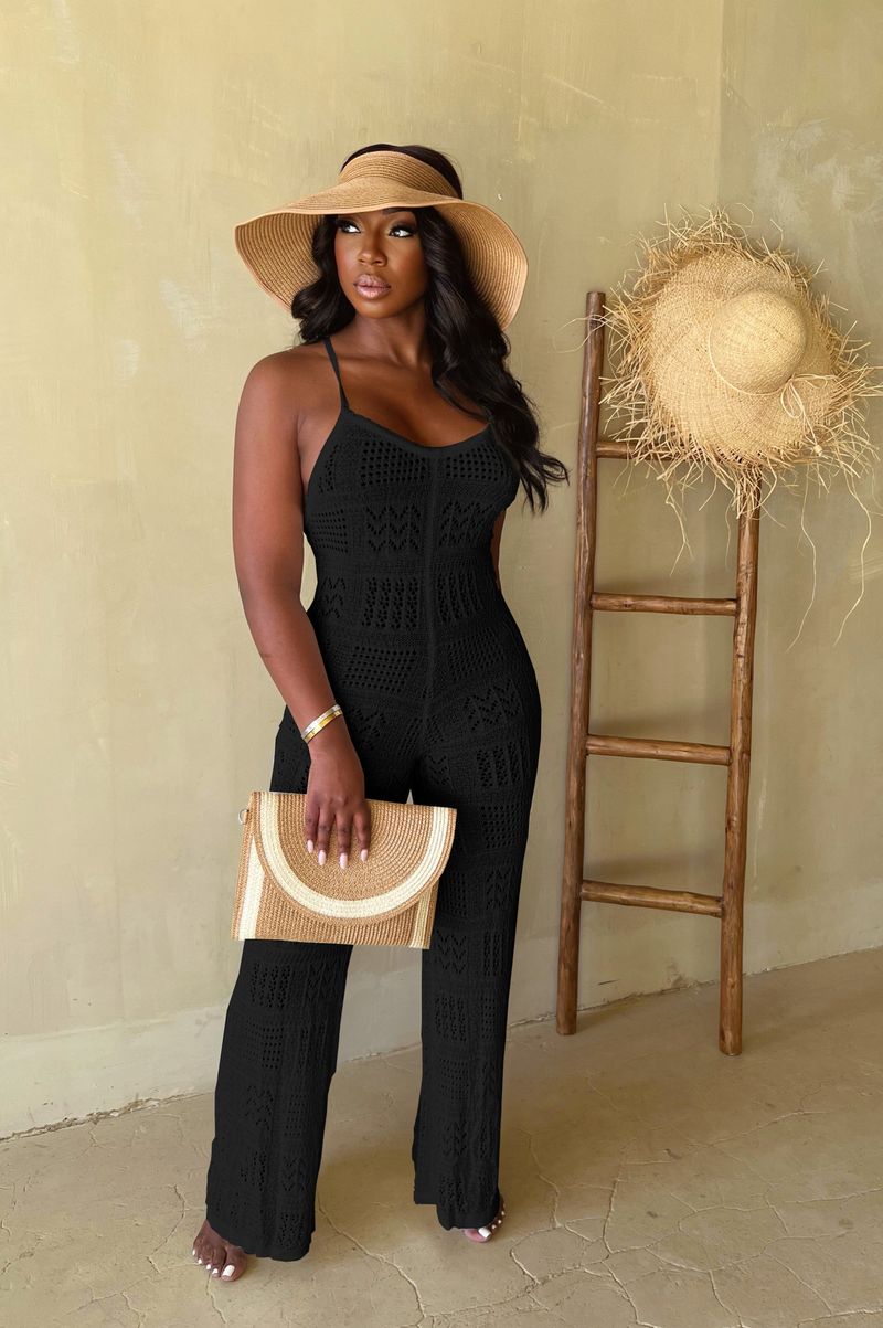 JP1096 Tuta da donna in maglia a tinta unita con spalline sexy e motivo geometrico cavo_voghion.com