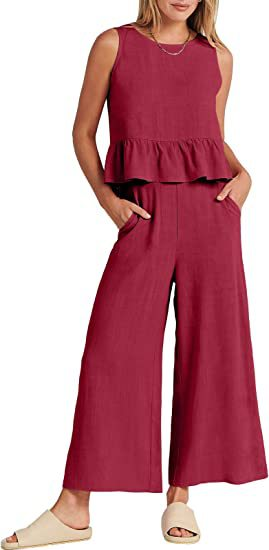 Ärmelloses Rüschenoberteil und weit geschnittene Hose aus Leinen-Baumwolle für Damen – Bohemian-Sommeroutfit_voghion.com