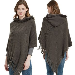 European and American shawl women's spring, autumn and winter new solid color striped tassel hooded cape_voghion.com