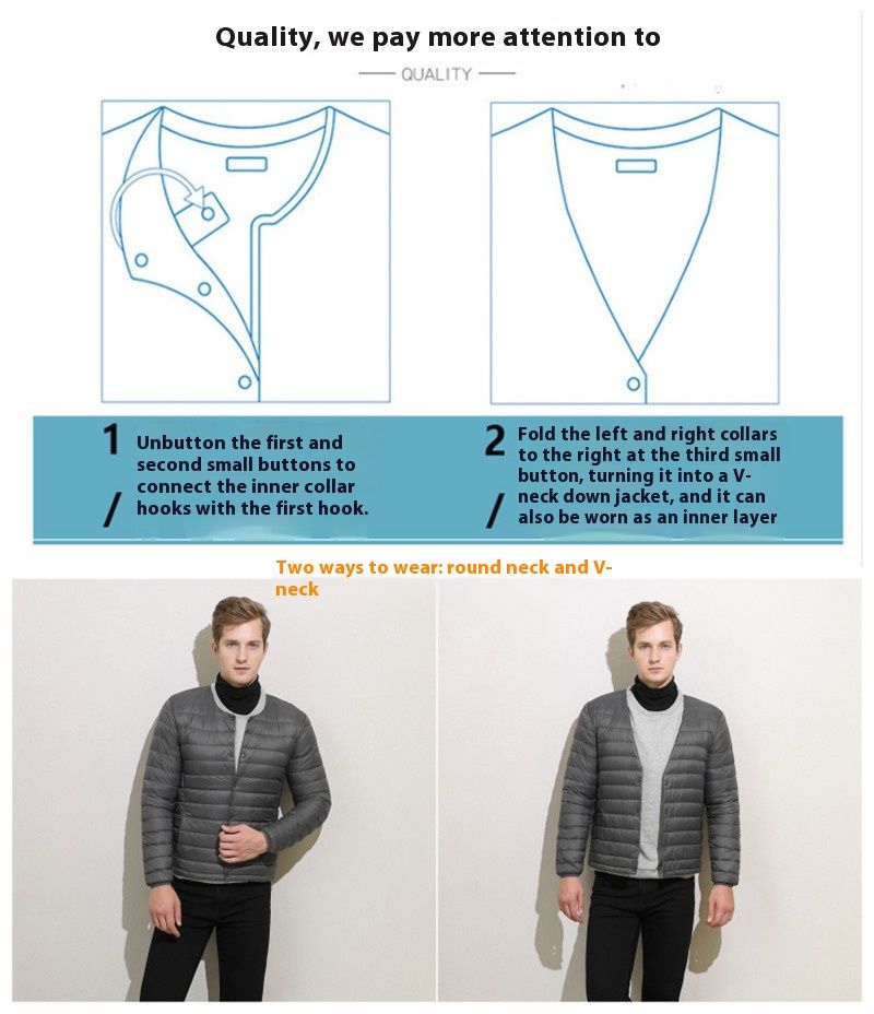 Neue dünne Daunenjacke für Herren, 90er-Samt, kragenlos, langärmlig, schmale Passform für junge Leute, kurz für Oberbekleidung_voghion.com