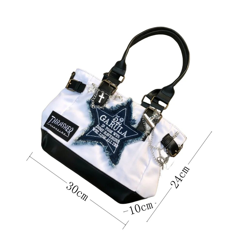 Borsa tote in tela a tracolla con una spalla e una stella a cinque punte con catena subculturale Millennium Spicy Girls fatta in casa_voghion.com