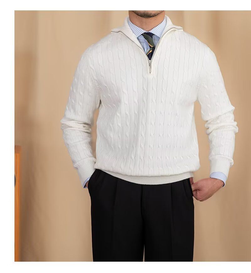 Men's Clothing Cozy Retro Zip-Up Knit Sweater For Men & Women, Soft Pullover With Embroidered Badge, Loose Fit Casual Wear, Black/White, Sizes M-3XL_voghion.com