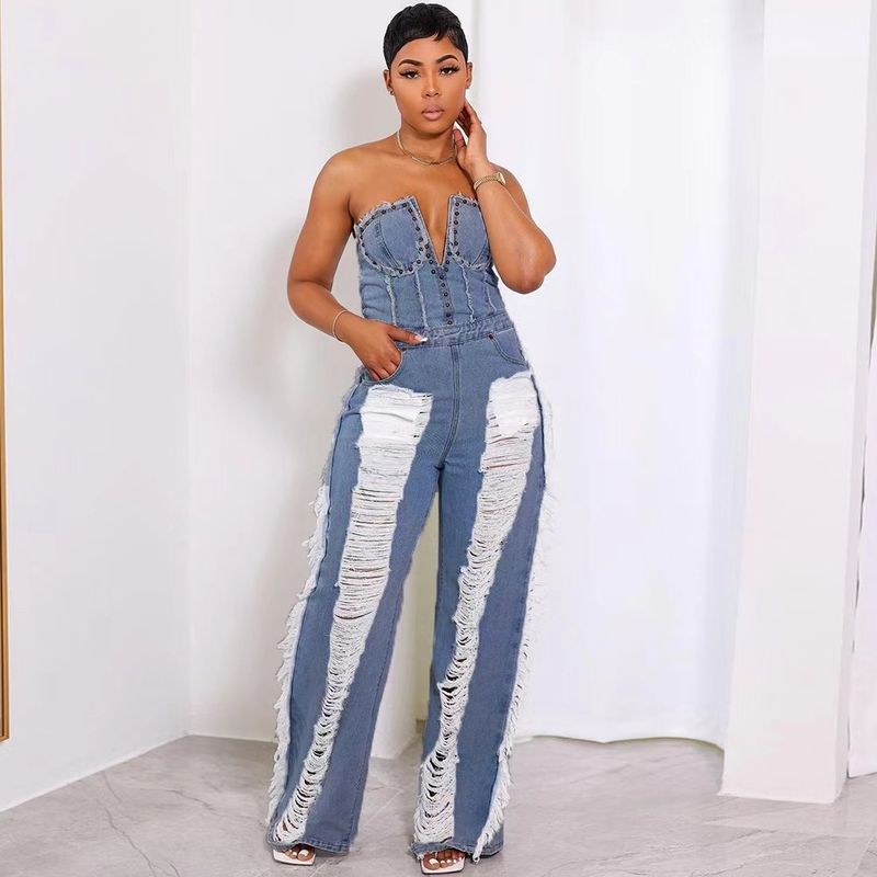 Women's Clothing Tassel Hole Nail Diamond Washed Denim Jumpsuit Trousers_voghion.com