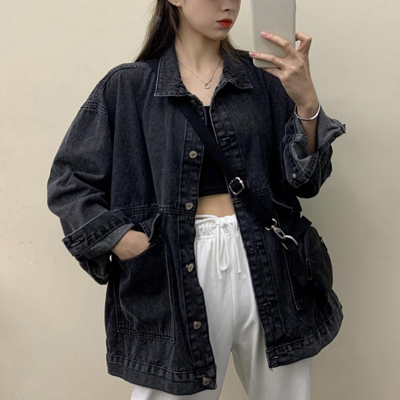 Damjacka tvättad denim Enkelknäppt koftaknappar Håller värmen Långa ärmar Nedfällbar krage Kvinnor Kappa Kvinna_voghion.com