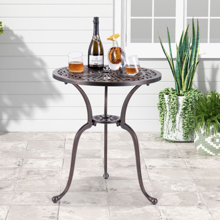 24 Inch Round Cast Aluminum Table Patio Dining Bistro Table with 2 Inch Umbrella Hole_voghion.com