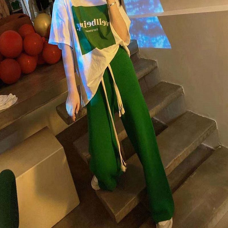 hot selling 2023 Women High Stretch Waist Wide Leg Pants Summer Drawstring Loose Long Rib Knitted Trousers_voghion.com