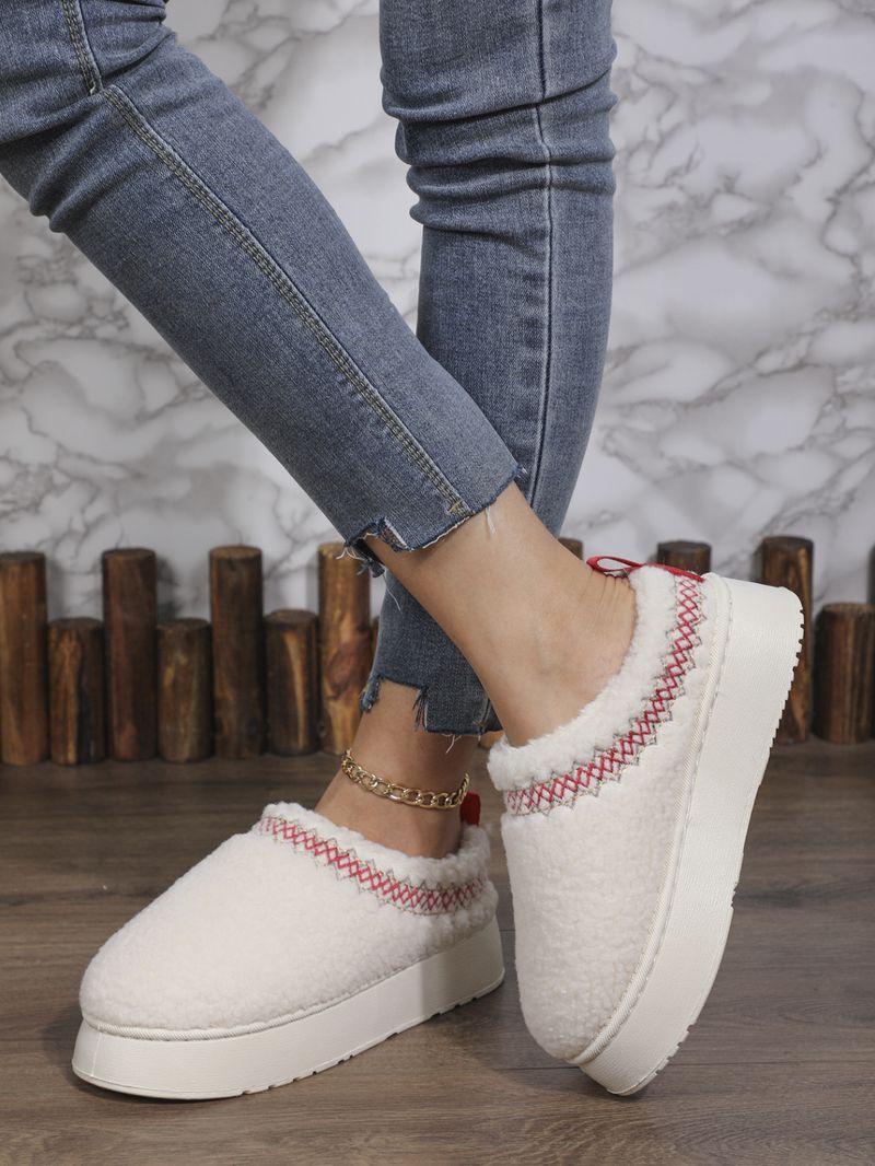 Pantofole invernali slip-on con fodera in pelliccia sintetica, suola in gomma spessa, ricami etnici, comode pantofole da interno/esterno (marrone/bianco/nero/beige)_voghion.com