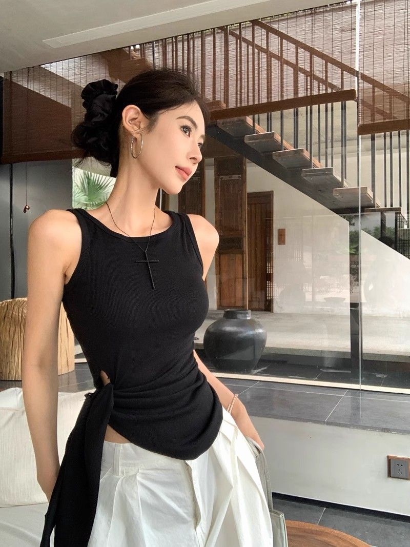 Top estivo asimmetrico da donna con spalline sottili – Canotta senza maniche alla moda con corsetto e cintura in vita_voghion.com