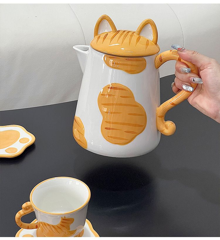 Modern Nordic Cat-Themed Ceramic Tea Set – Elegant 1400ml Pitcher & 4 Cups Gift Set, Housewarming & Birthday Present_voghion.com
