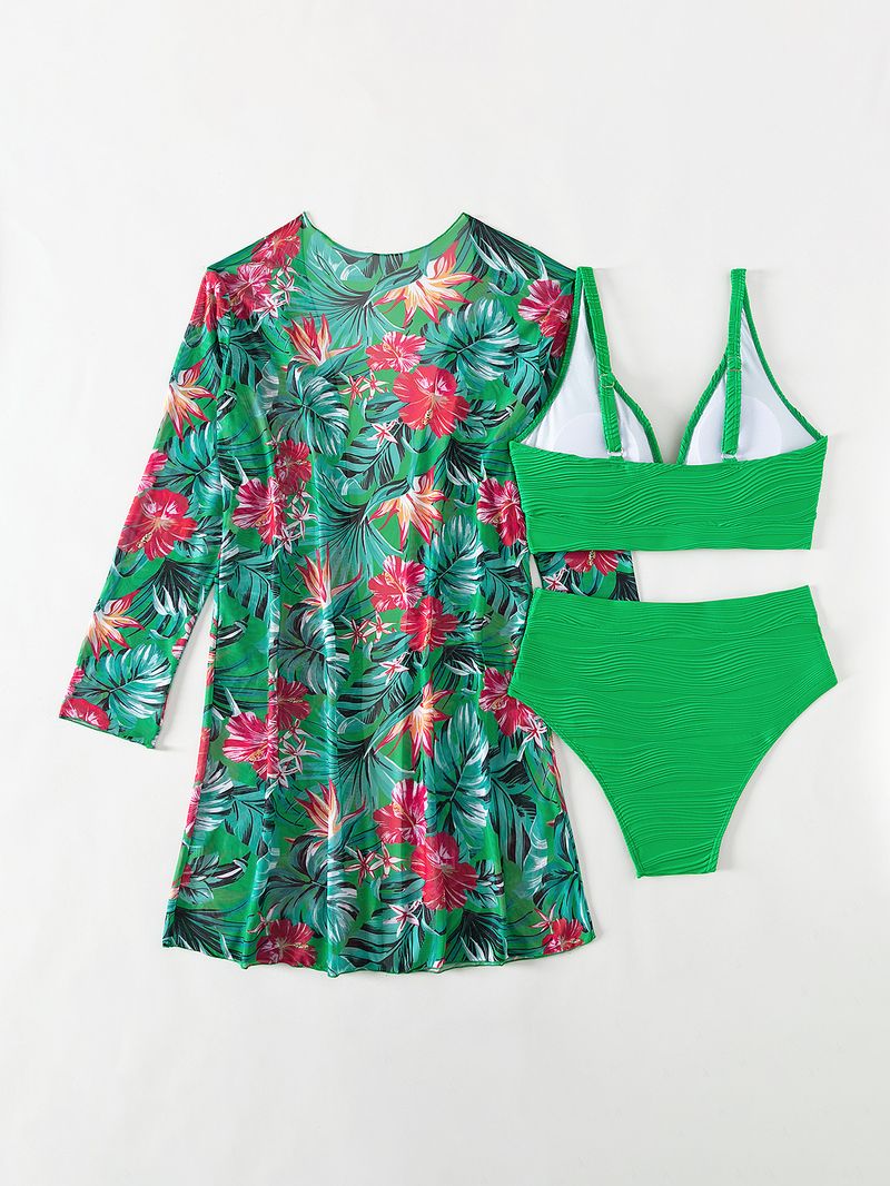 costume da bagno in tre pezzi diviso da donna a maniche lunghe bikini celebrità di Internet a vita alta tinta unita_voghion.com