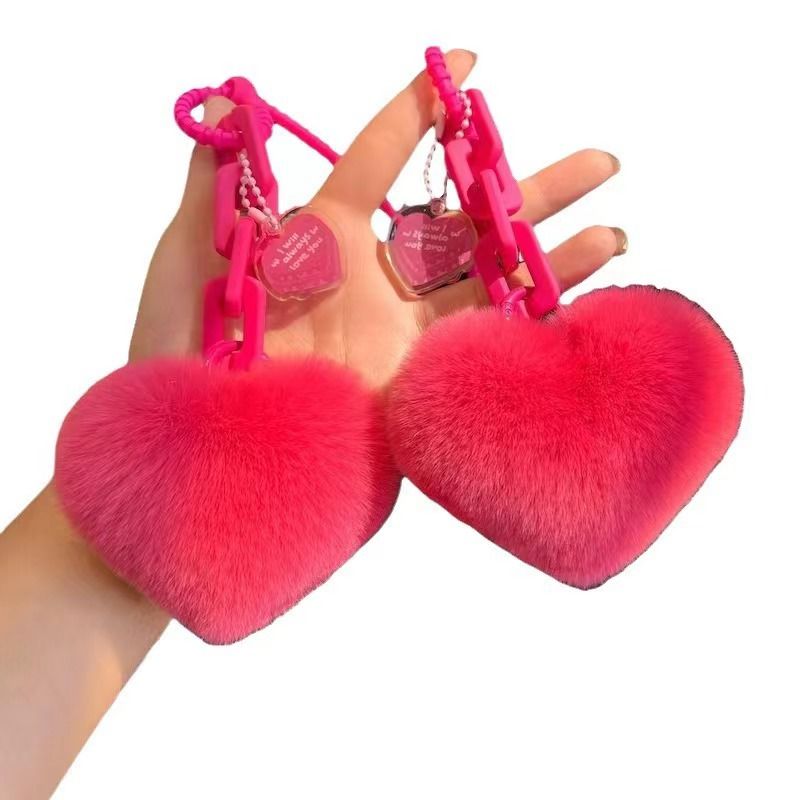 Creative Silicone Real Rex Rabbit Fur Heart Chain Exquisite Backpack Pendant Couple Ornament Car Keychain_voghion.com