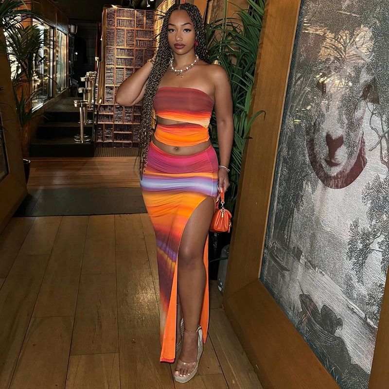 Women's Clothing Gradient Printing Sleeveless Sexy Tube Top Slim Hip Skirt Suit_voghion.com