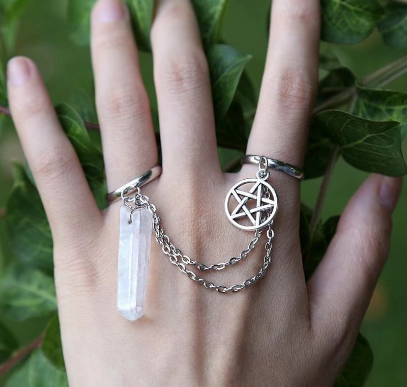 Jewelry & Accessories Pentagram And Quartz Crystal Chain Ring Adjustable Ring_voghion.com