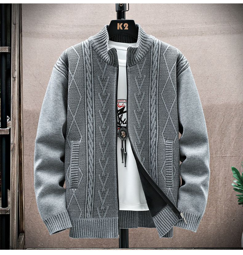 2023 new men's autumn and winter cardigan stand-up collar sweater jacquard jacket thickened casual sweater for men_voghion.com