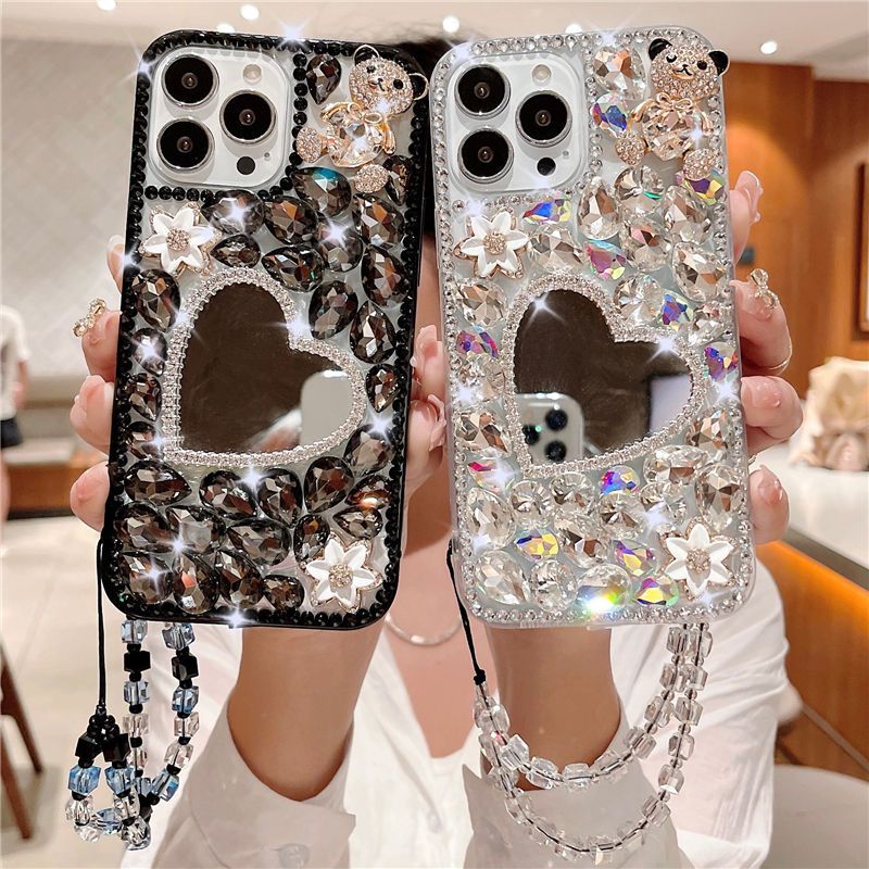 Spiegelhülle mit Dekoration für Damen, Glitzer-Diamant-Bling-Hülle, für Samsung S24 S20 Plus S21 FE S22 23Ultra Note20_voghion.com
