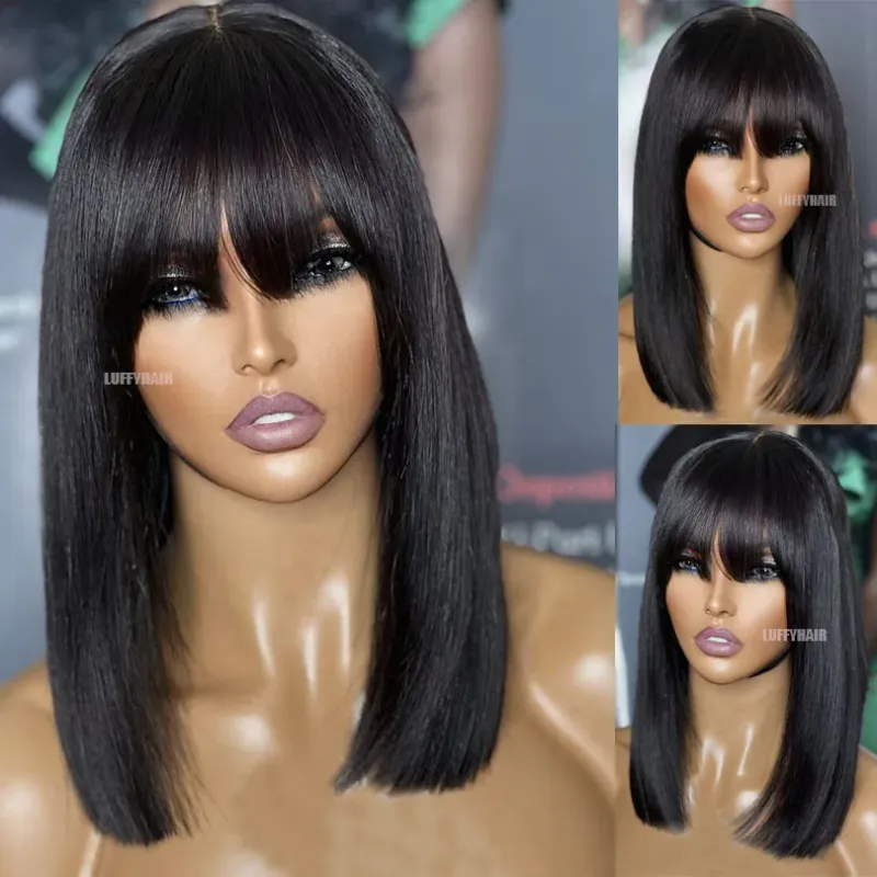 Braune Perücke mat Pony, Bob, Blunt, Seidbasisverschluss, Spitzenperück fir Fraen, 14 Zoll, 200 Dicht_voghion.com