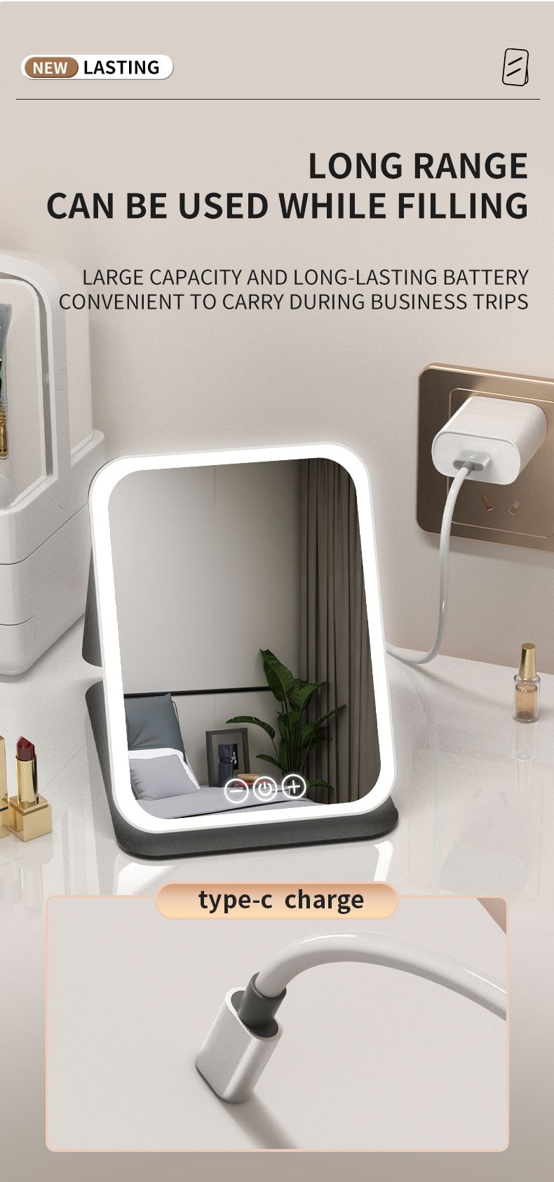 Specchio da trucco da viaggio, specchio da trucco portatile con illuminazione a LED, specchio da trucco con touch screen con rotazione a 360°, specchio cosmetico pieghevole da tavolo ricaricabile_voghion.com