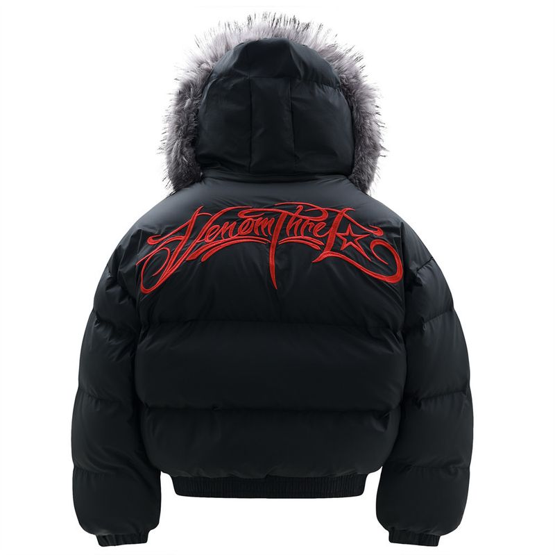 Chaqueta de algodón con capucha y cuello de piel bordada con letras góticas para hombre, moderna chaqueta de invierno gruesa con cuello alto desmontable_voghion.com
