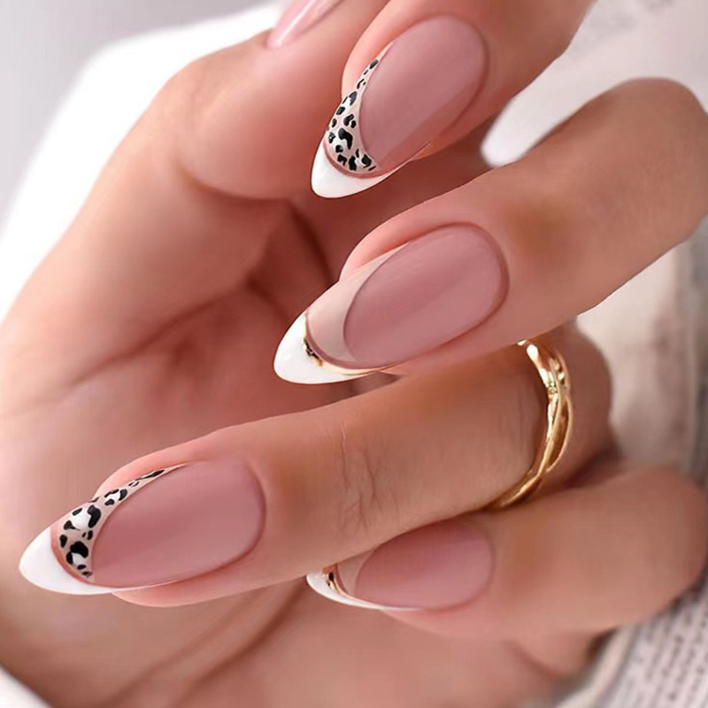 Almond False 24Pcs Nails Long Fnch Stiletto Fake Nails with Leopard Print Design Full Cover Pss on Nails Tips_voghion.com