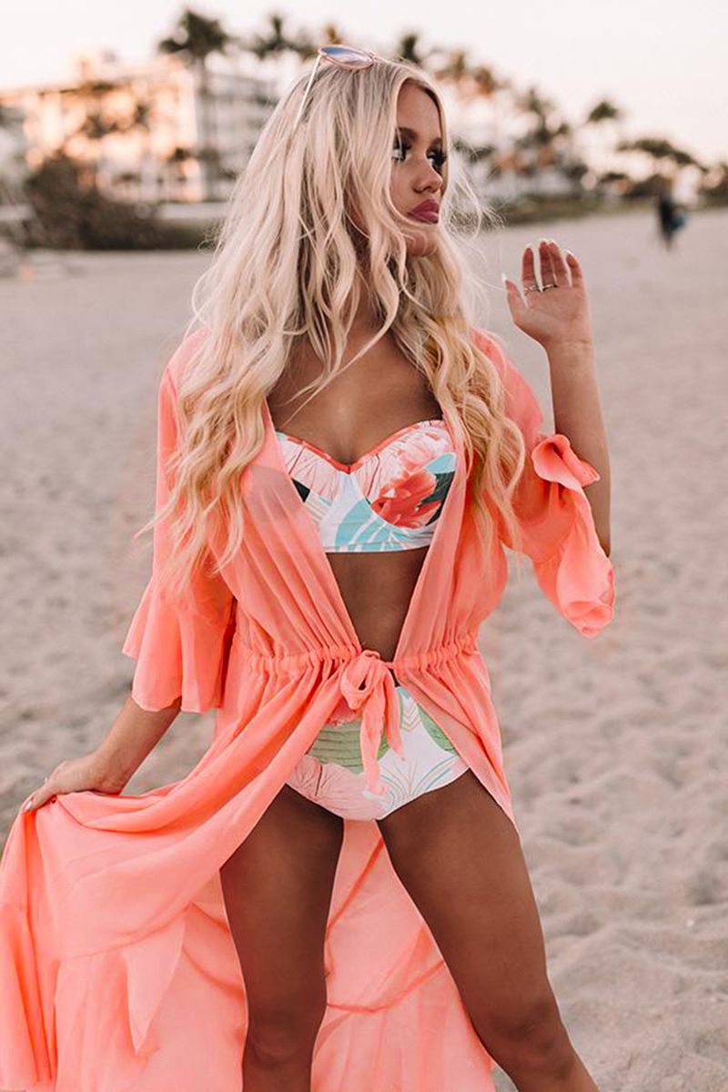 Women’s Chiffon Beach Cover-Up – Long Bikini Swimsuit Jacket (One Size, Orange-Pink Gradient, UV Protection & Boho Style)_voghion.com