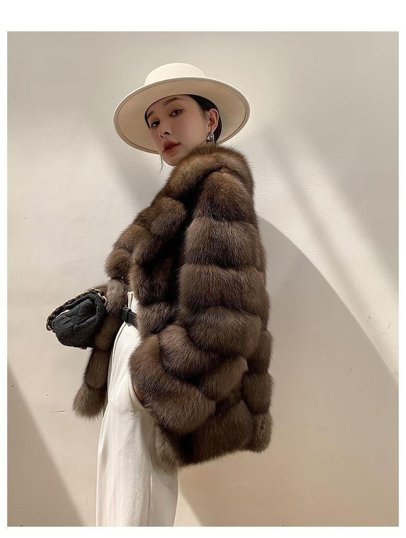 Luxuriöser Kunstnerzmantel mit Sternenmuster - Kurze Winterjacke für Damen, Reverskragen, eleganter Kunstpelzmantel in Kastanienbraun_voghion.com