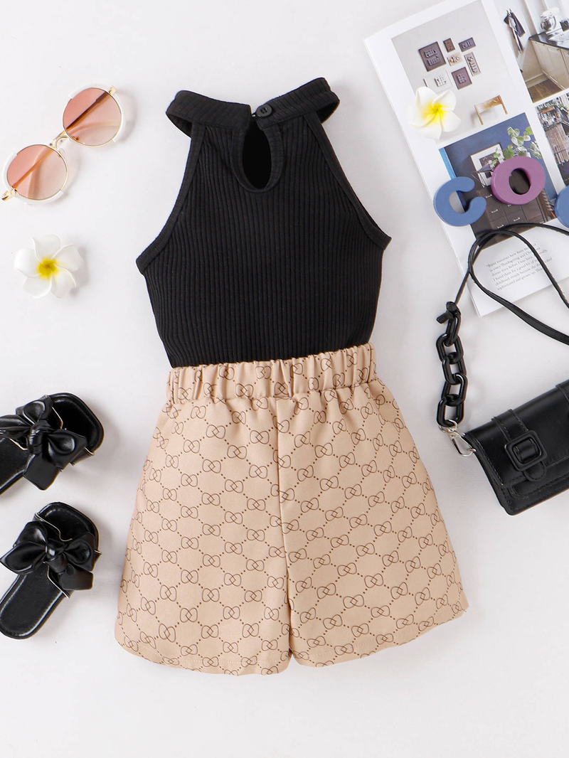 Vêtements pour bébé printemps/été, haut sans manches avec col licou + short de lecture, ensemble deux pièces pour enfants et filles_voghion.com