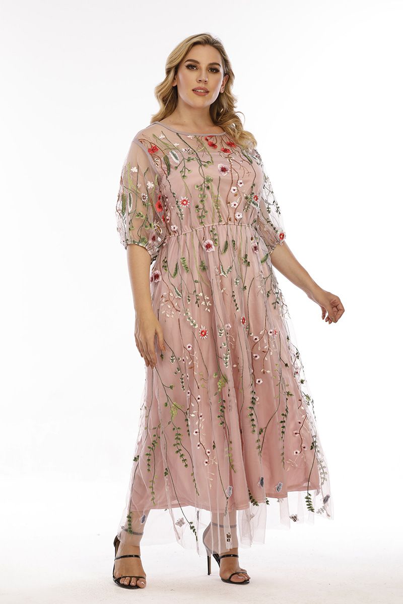 Sukienka damska plus size, wieczorowa, kobieca, haftowana siateczka, bankietowa, imprezowa, midi_voghion.com