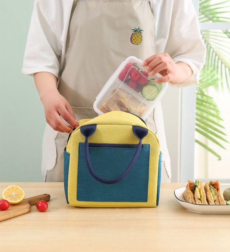 Bolsa Bento Color Blocked Bolsa Isolada Lancheira Catiônica Bolsa de Mão com Folha de Arroz Lancheira Impermeável Espessada Bolsa de Almoço_voghion.com