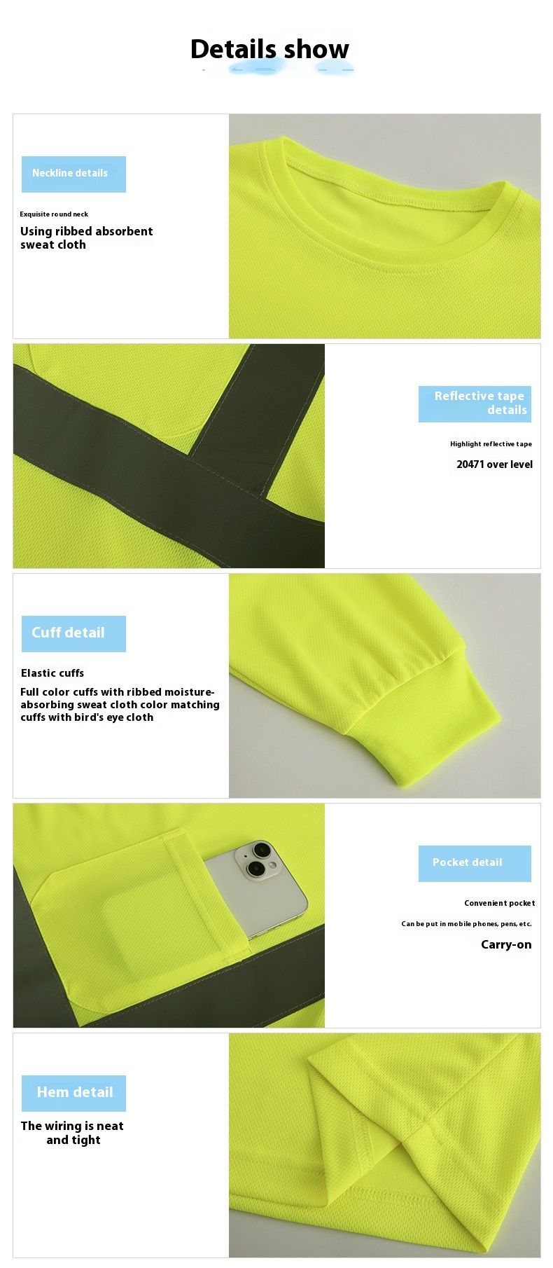 Reflective Clothing, T-shirt, Breathable Long Sleeved Labor Protection Clothes, Construction Mine Warehouse Work Clothes_voghion.com