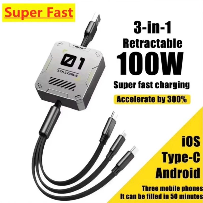 Câble de données USB Type C rétractable universel 3 en 1 de 100 W pour iPhone, Samsung, Huawei, Xiaomi et Android, charge rapide micro USB._voghion.com