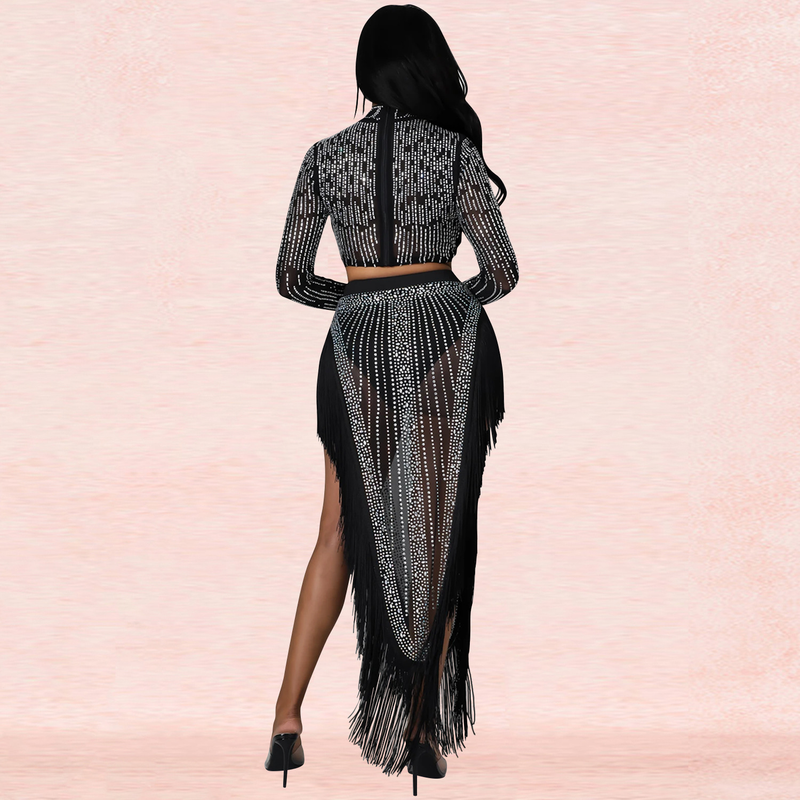 Ensemble deux pièces sexy en maille diamant pour femmes, jupe longue fendue à manches longues et transparente, boîte de nuit_voghion.com