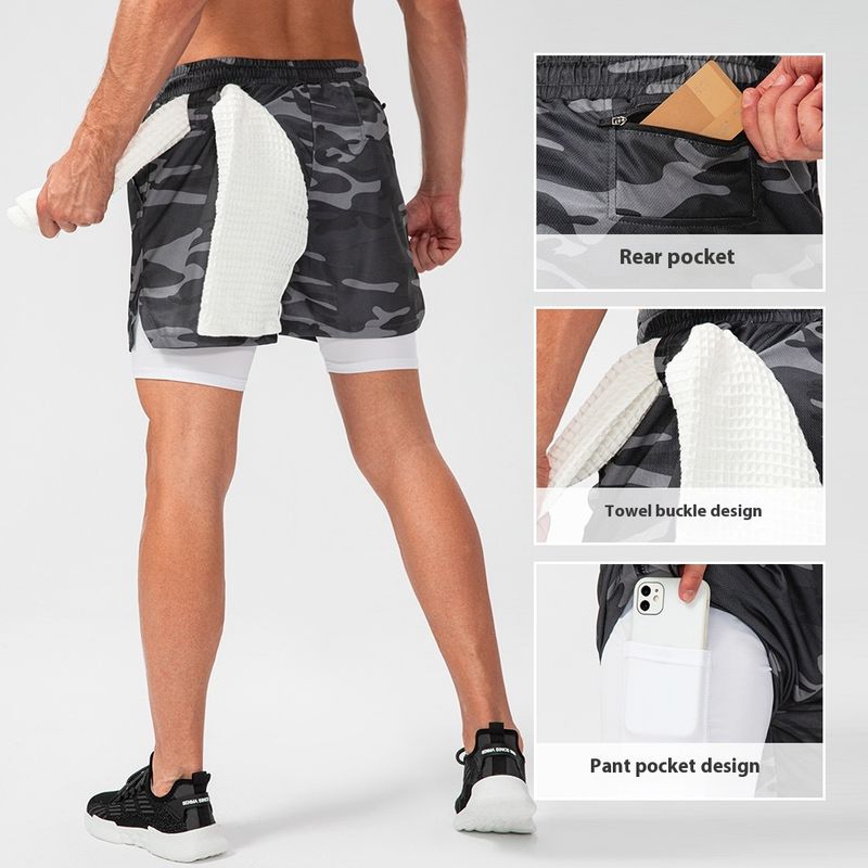 Nieuwe camouflagesportshorts voor heren, dubbellaagse sneldrogende hardloopbroek met meerdere zakken, trainings- en fitnesscapris_voghion.com