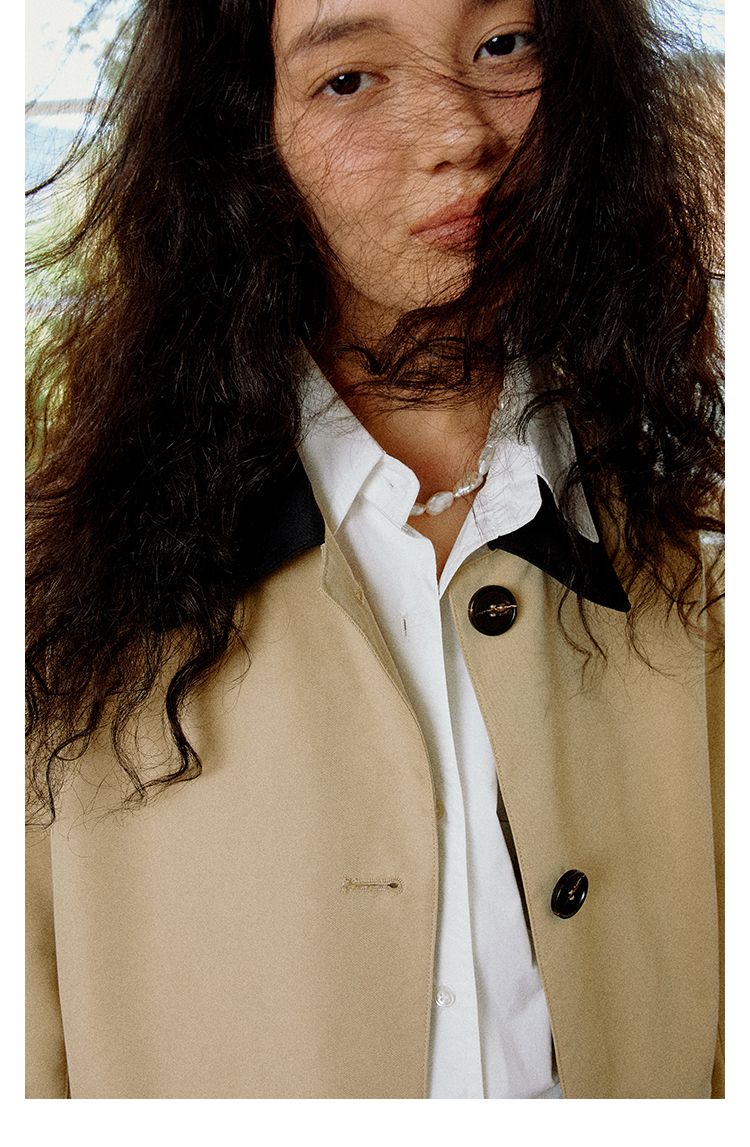 Style Short Trench For Women With Design Sense 2025 Autumn Turn-Down Collar Color-Block Oversized Coat_voghion.com