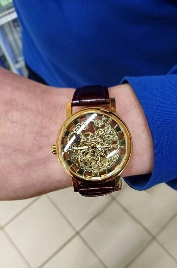 Winner, orologio da uomo con cassa dorata trasparente, design casual, cinturino in pelle marrone, orologio meccanico di lusso_voghion.com