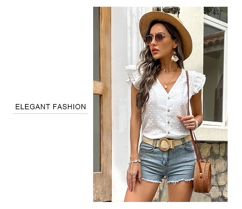 Camisa casual de algodón con cuello en V blanca_voghion.com