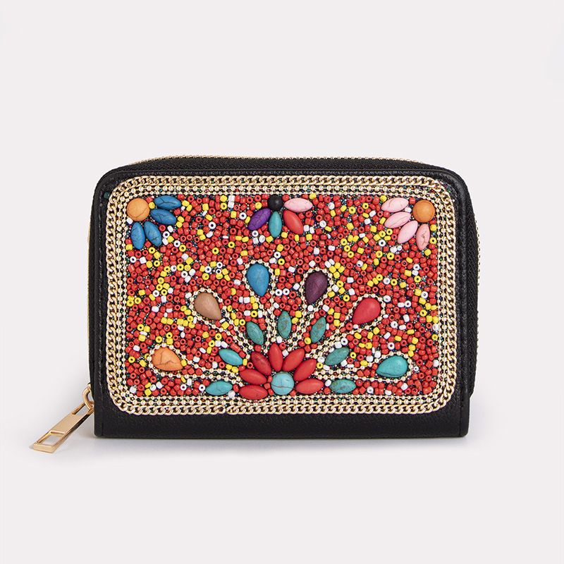 Geldbörse, Brieftasche, Clutch, böhmischer Stil, Reisperlen, Schmetterlingsblumen, exquisite Pu-Reißverschluss-Kartentasche, kleine Geldbörse, Geldbörse für Damen_voghion.com