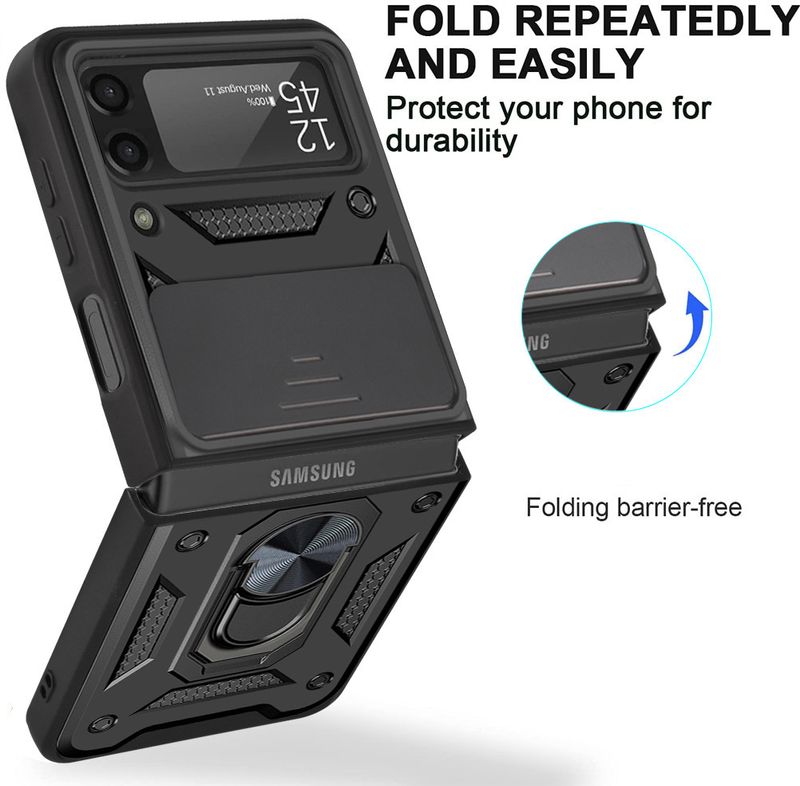 Étui de protection pliable Sergeant Push Window compatible avec Samsung Z Flip 5/4/3, doté d'un anneau de support._voghion.com