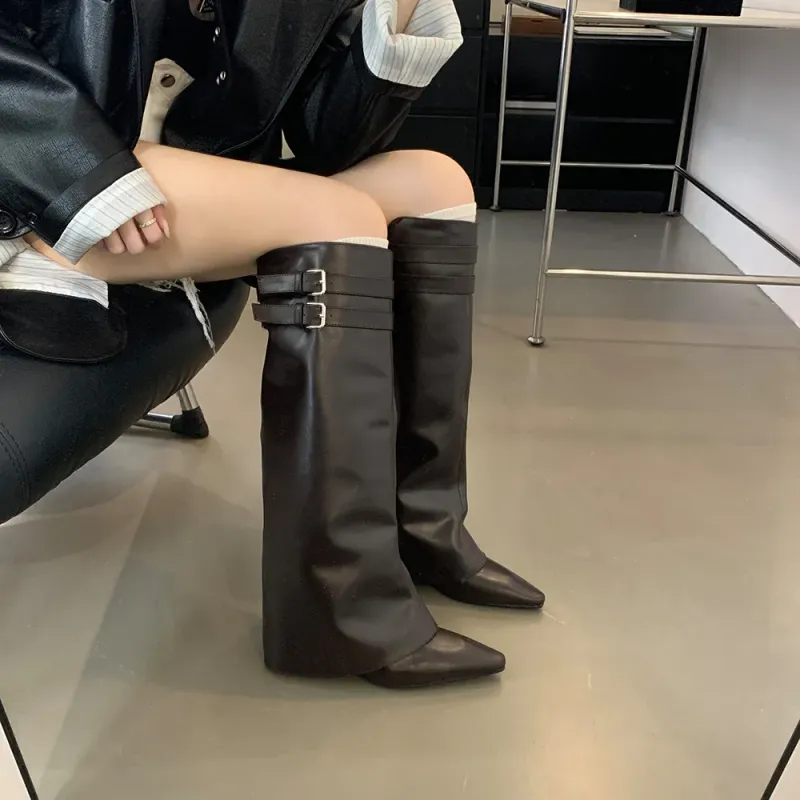 Spitzschuh Damen Winterstiefel Keil High Heels Gürtelschnalle Schwarz Braun PU Leder Botas Fashion Abendschuhe Frau 39_voghion.com