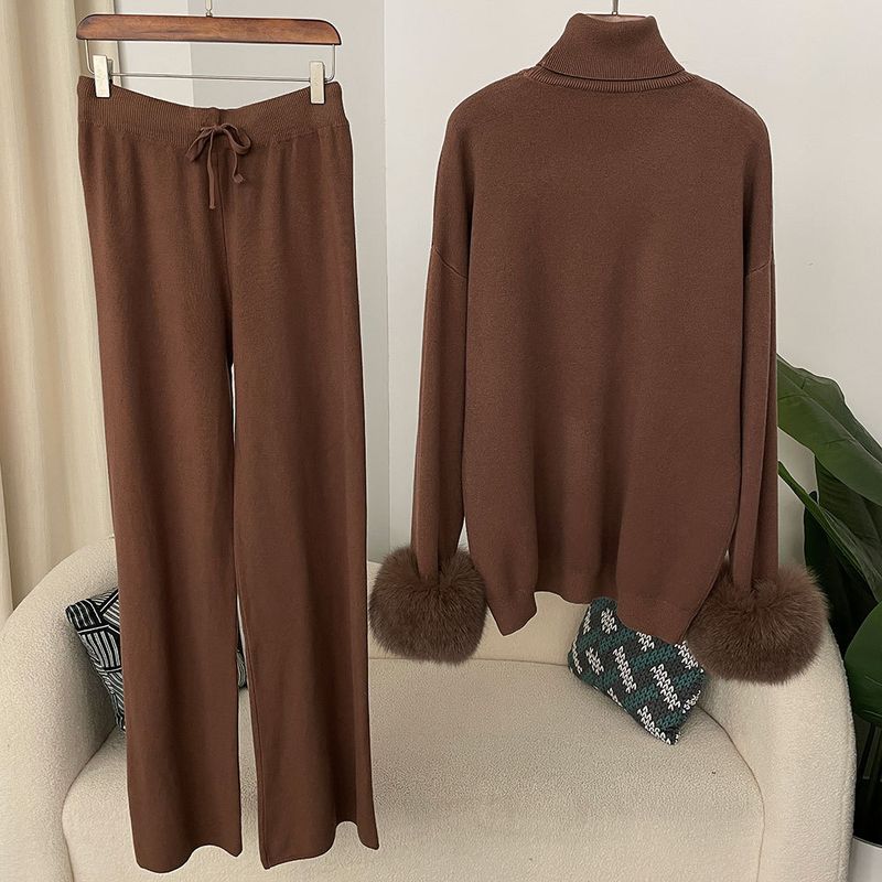 Ensemble en tricot avec poignets en fourrure de renard pour femme – Pull ample à col montant et pantalon large pour l'automne/hiver_voghion.com
