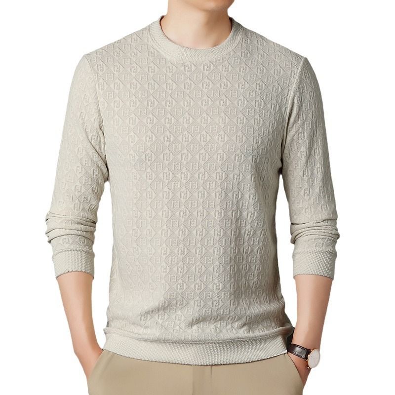 Sudadera de manga larga jacquard con transmisión en vivo para hombre, nueva colección otoño 2024, camiseta de base fina con cuello redondo para hombre_voghion.com