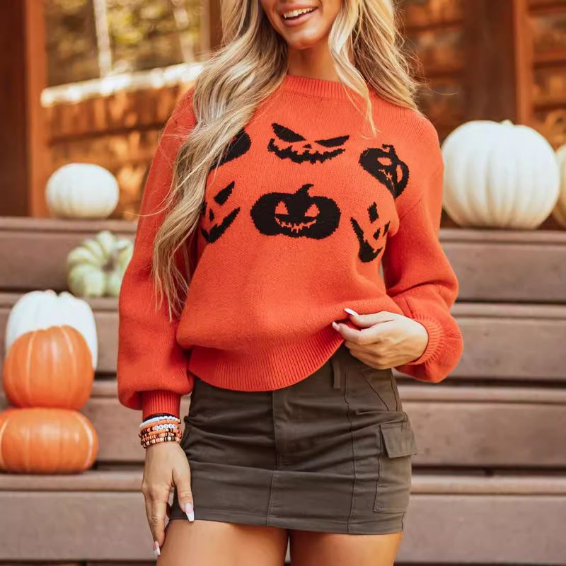 Maglione di lana a maniche lunghe con cappuccio e lunghezza media, alla moda autunno/inverno, stile zucca di Halloween, per donna_voghion.com