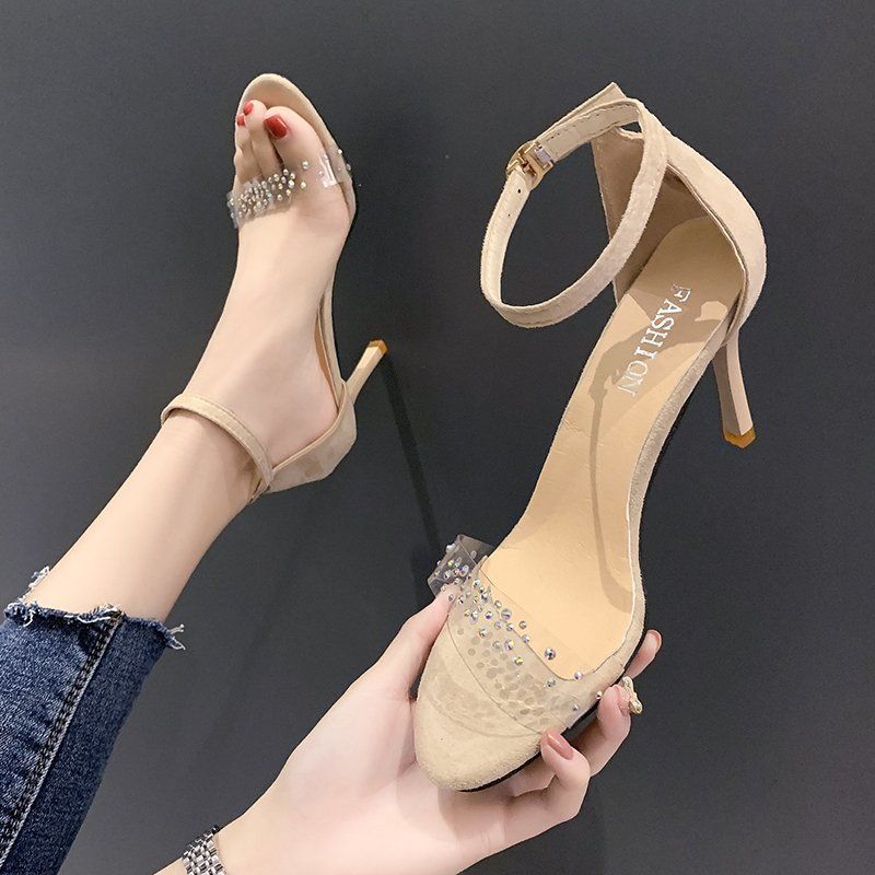 Sandali con un cinturino e strass trasparenti, stile fata, 2021, nuova versione estiva coreana, tacchi alti per ragazze, sottili_voghion.com