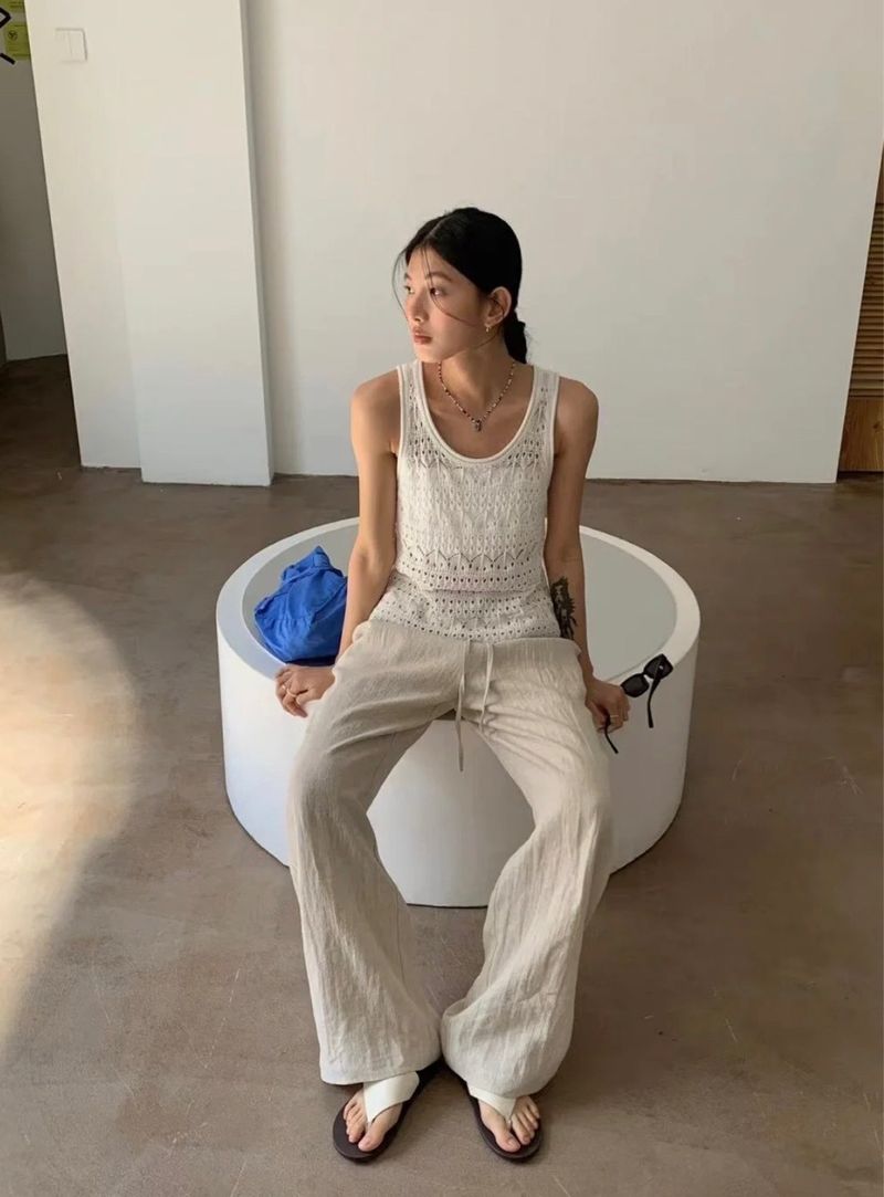 Breathable Linen High-Waisted Wide-Leg Pants For Women – Relaxed Fit Summer Trousers With Drawstring Waist_voghion.com