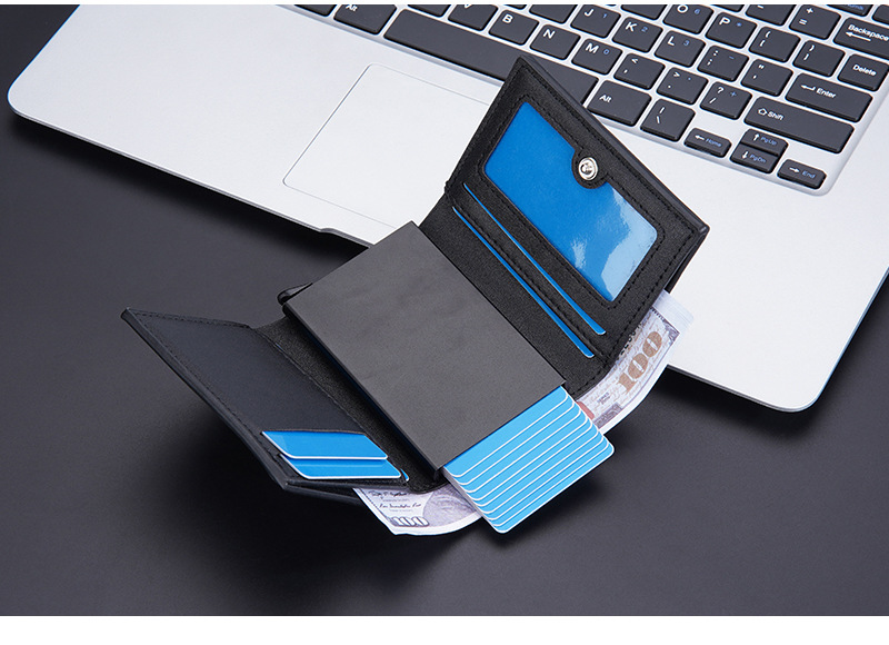 Baellerry new men's card bag European and American RFID three-fold multi-card slot wallet bottom push card metal card box_voghion.com