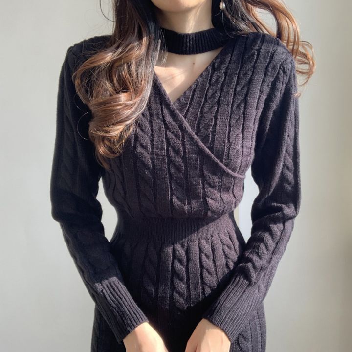 Schickes, vielseitiges Pulloverkleid mit Rundhalsausschnitt und Twist-Strick, V-Ausschnitt, wendbar, geteilter Saum, Grau, Schwarz (Einheitsgröße für 40–59 kg)_voghion.com