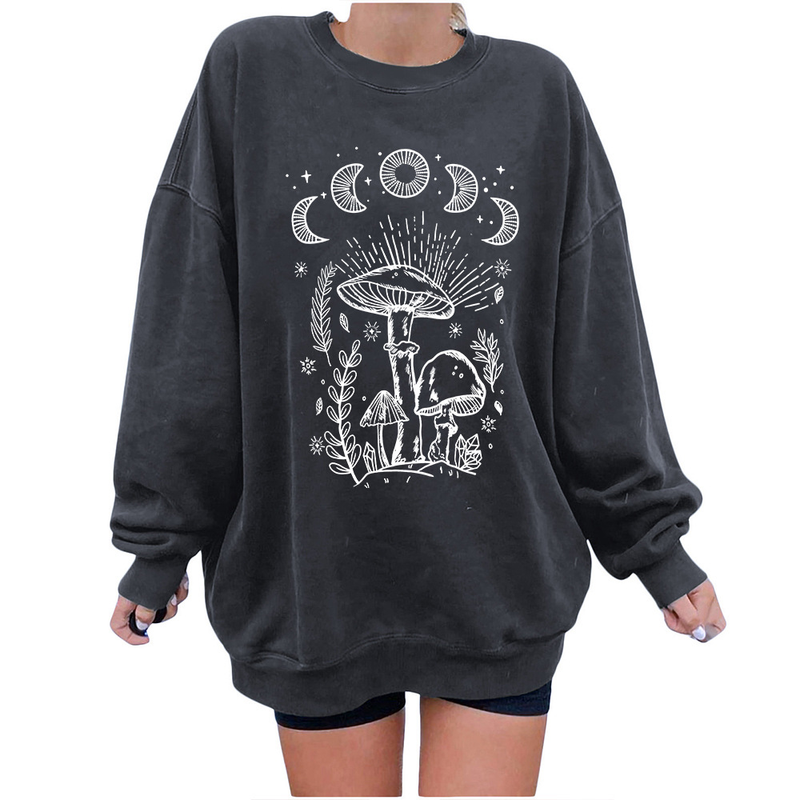 Women's off-the-shoulder long-sleeved sweatshirt mysterious printed fleece top_voghion.com