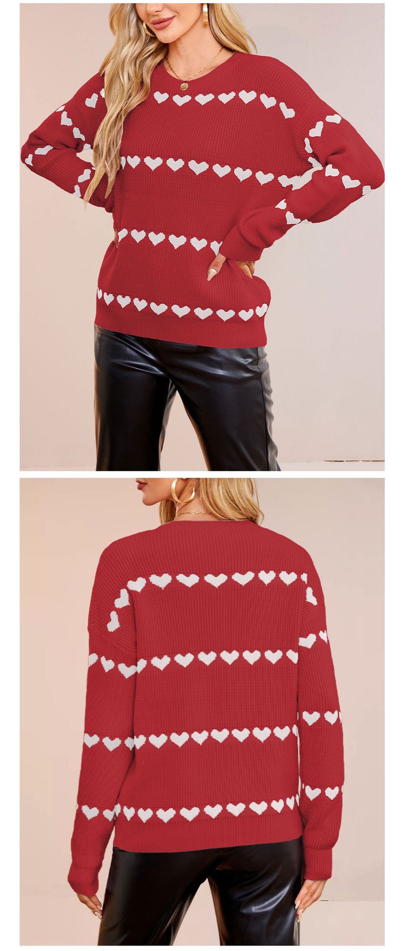 Cozy Oversized Knit Sweater With Heart Pattern - Women's Casual Pullover For Fall & Winter - Soft Viscose Blend, Streetwear Fashion_voghion.com