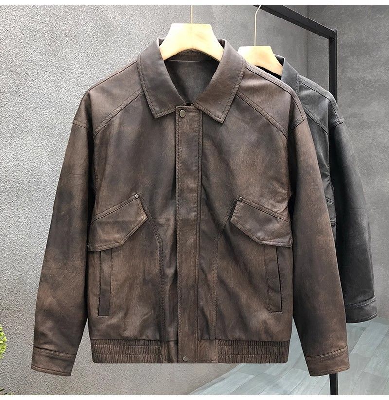"Men's Retro PU Leather Jacket – Slim-Fit Biker Coat With Stand Collar & Side Pockets (Charcoal/Coffee, L-3XL)"_voghion.com