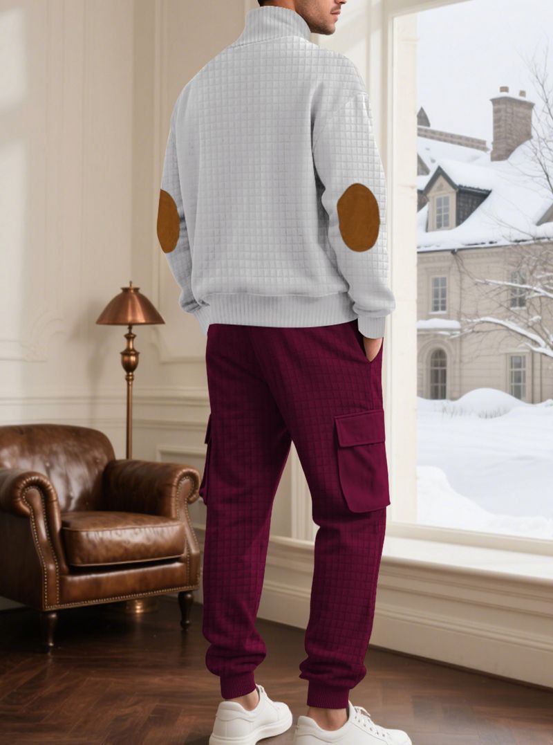Conjunto de sudadera con capucha y joggers de punto a cuadros para hombre: 2 piezas, estilo informal de negocios, 100 % poliéster, resistente a las arrugas y transpirable._voghion.com