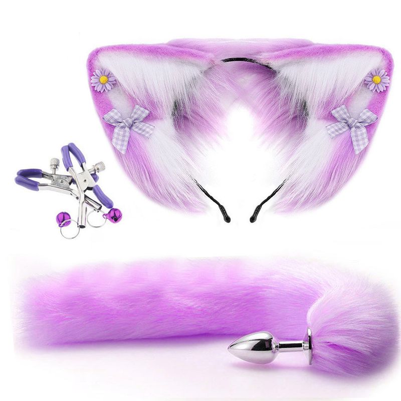 Yanse Sexy Peloso Orecchie di Gatto Colorate Coda di Volpe Lunga in Acciaio Inox Plug in Metallo Set Erotico Cosplay Lesbico Sesso Anale Plug per Donna_voghion.com